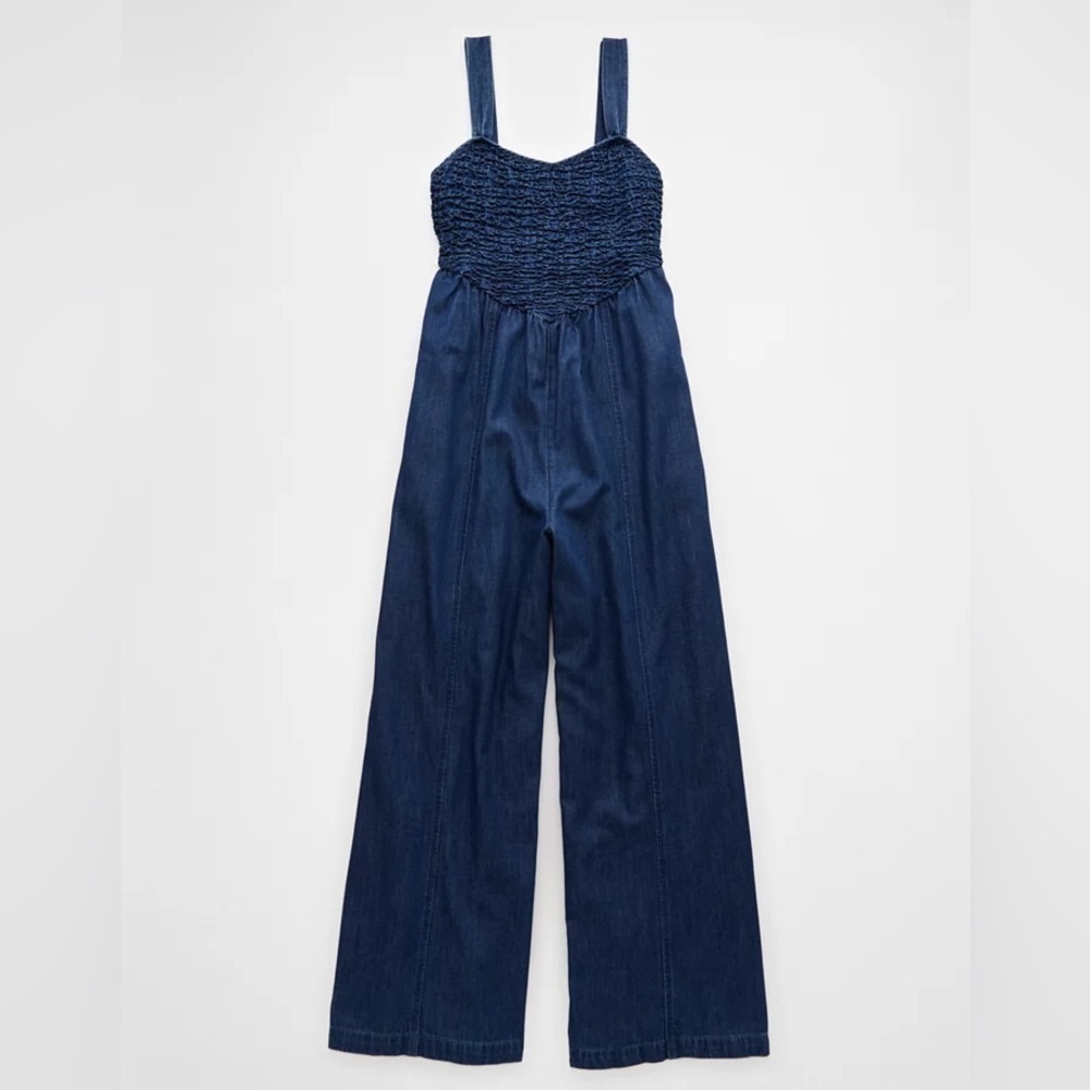 America Eagle Smocked Wide Leg Women's Denim Jumpsuit -Size XXS - Picture 3 of 7